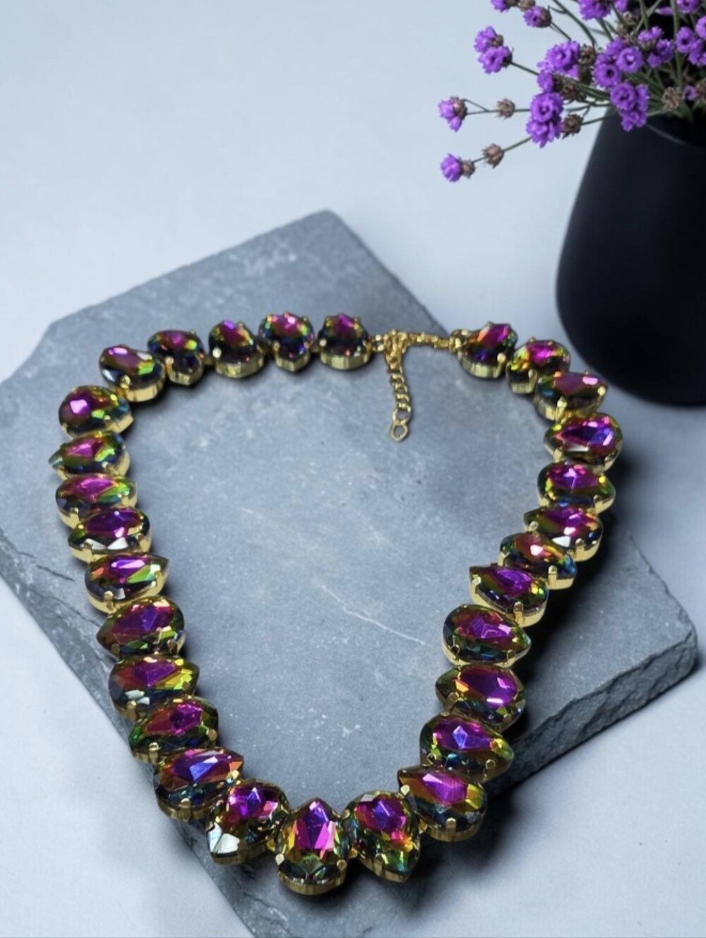 Chunky Iridescent AB Aurora Borealis Volcano Watermelon Crystal Necklace